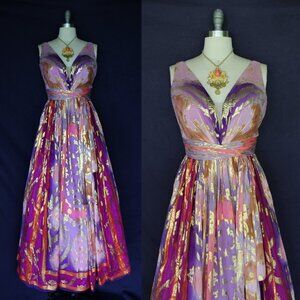 Sherri Hill Silk Maxi gown dress princess indian batik sari pink wrap metallic